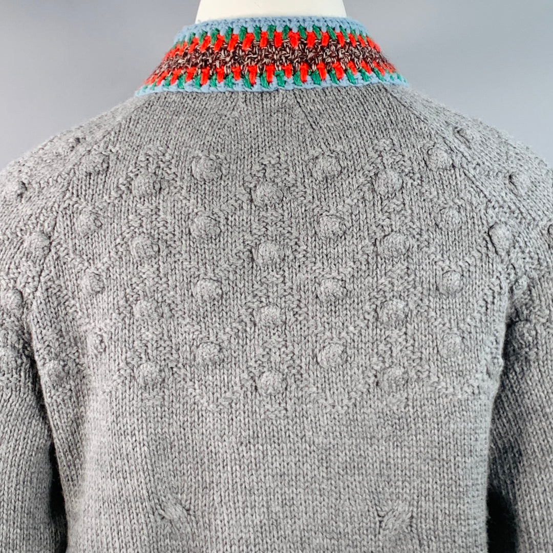 CHANEL Pre-Fall 2015 Size 12 Grey Multi Color Wool Cable Knit Bobble Leather Trim Jacket