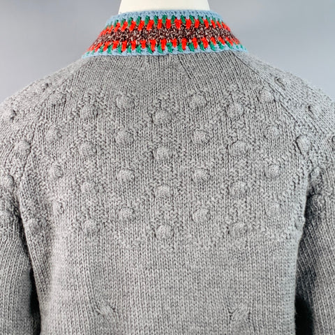 CHANEL Pre-Fall 2015 Size 12 Grey Multi Color Wool Cable Knit Bobble Leather Trim Jacket