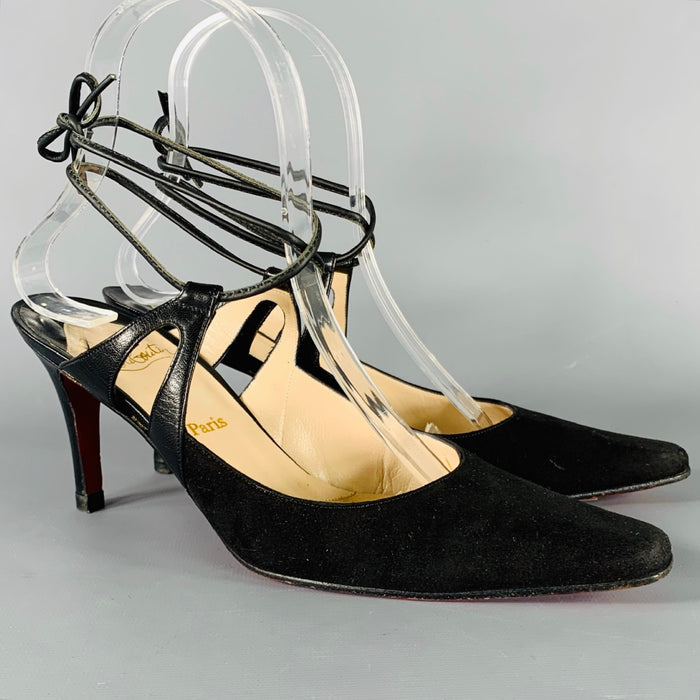 CHRISTIAN LOUBOUTIN Size 6.5 Black Leather Ankle Strap Heels Pumps