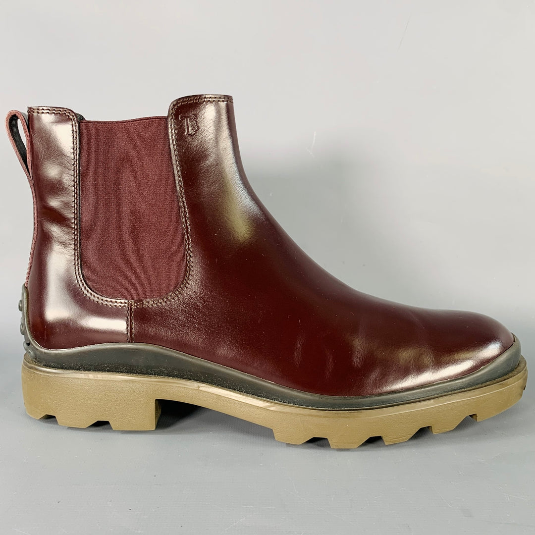 TOD'S Size 8 Burgundy Leather Chelsea Ankle Tread Sole Boots