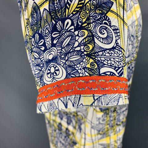 ROBERT GRAHAM Size L White Navy Yellow Print Silk Button Up Short Sleeve Shirt