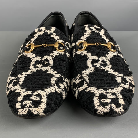 GUCCI Size 11.5 Black White Tweed Monogram Leather Slip On Flats