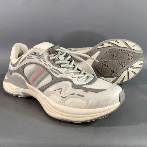 GUCCI Size 11.5 White Grey Leather Lace Up Sneakers