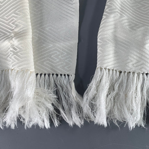 VINTAGE Cream Silk Jacquard Geometric Fringe Scarf