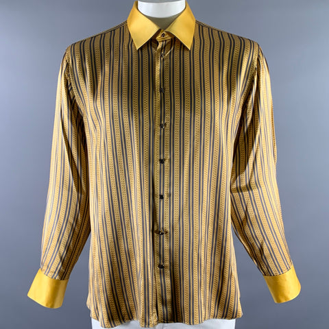GERLIN Size XL Gold Grey Stripe Silk Pointed Collar Long Sleeve Shirt