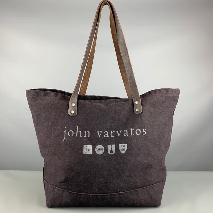 JOHN VARVATOS Brown Purple Logo Canvas Leather Tote Bags