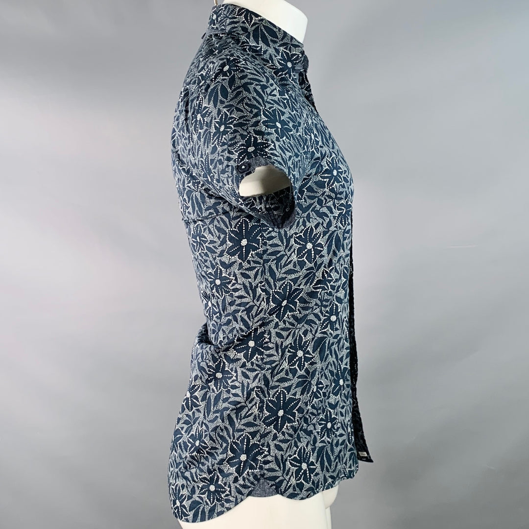TED BAKER Size XS Calous Navy White Abstract Floral Cotton Short Sleeve Shirt