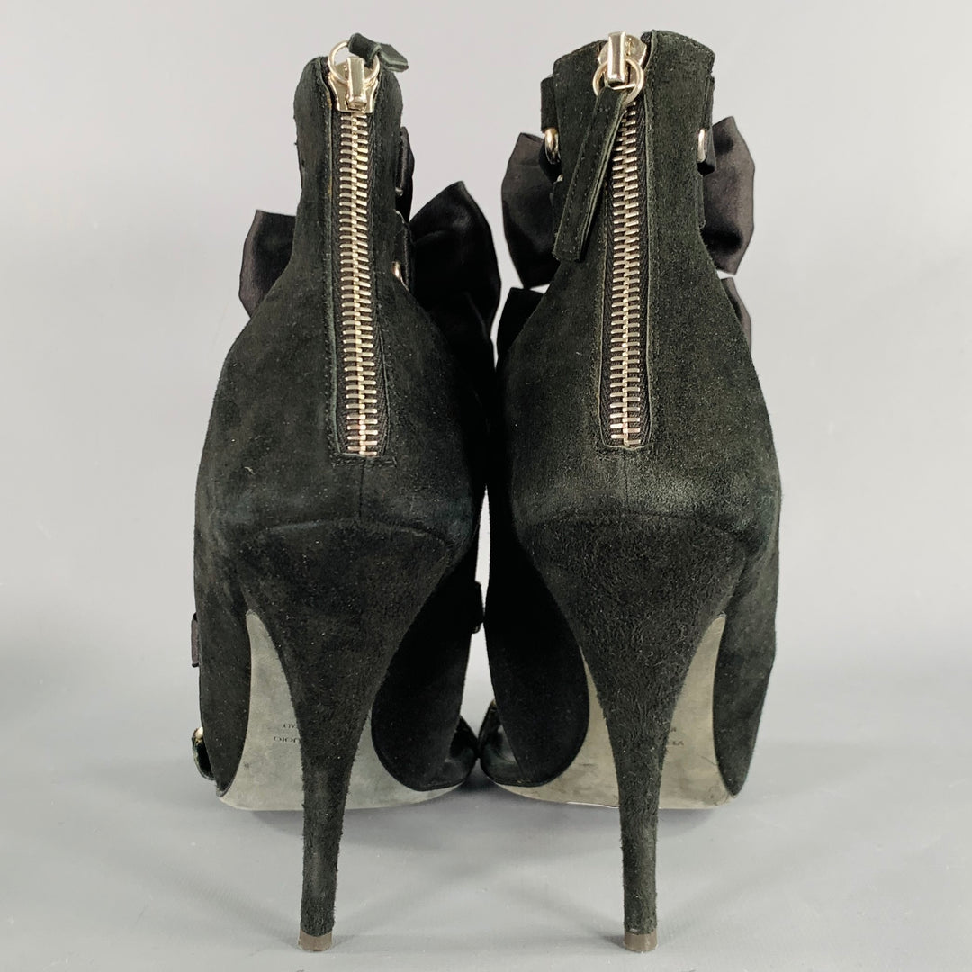 BALMAIN Size 8 Black Suede Bow Strappy Bow Sandals