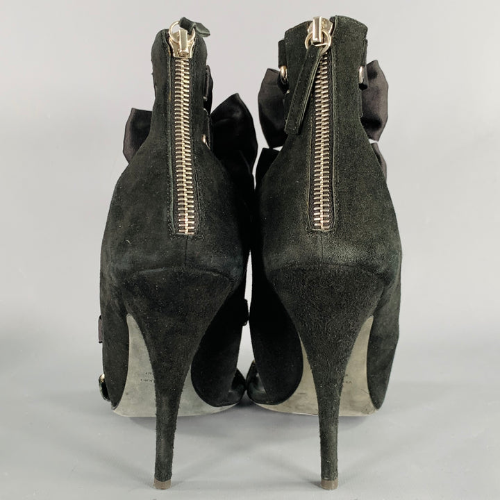 BALMAIN Size 8 Black Suede Bow Strappy Bow Sandals