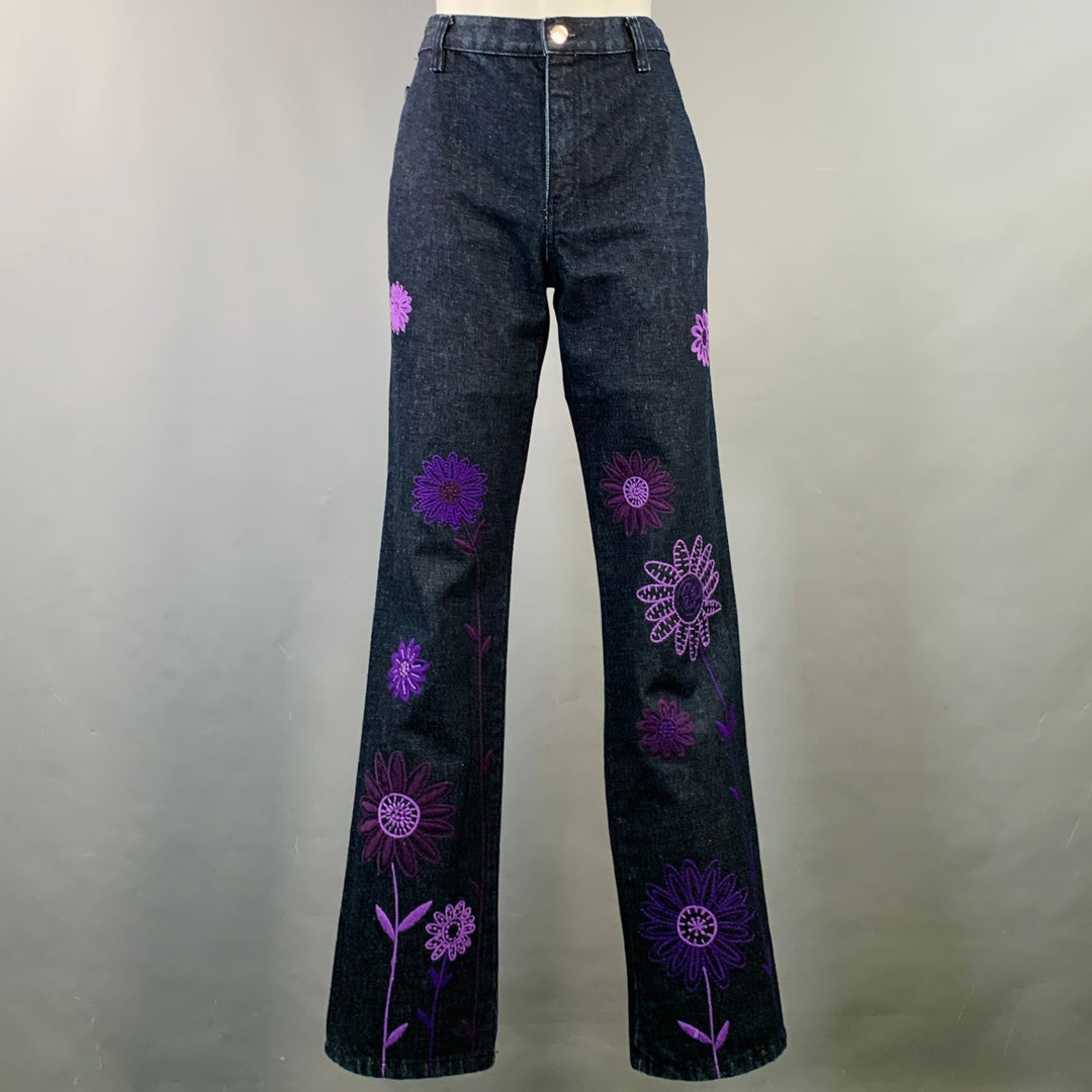 MOSCHINO Size 6 Indigo Purple Denim Twill Floral Straight Jeans