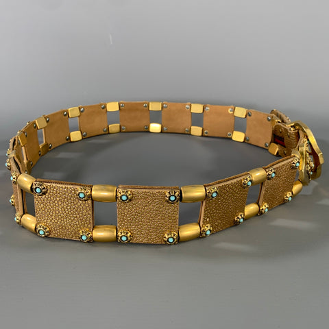 NANNI Waist Size 36 Gold Crackled Leather Trim Metallic Metal Belt