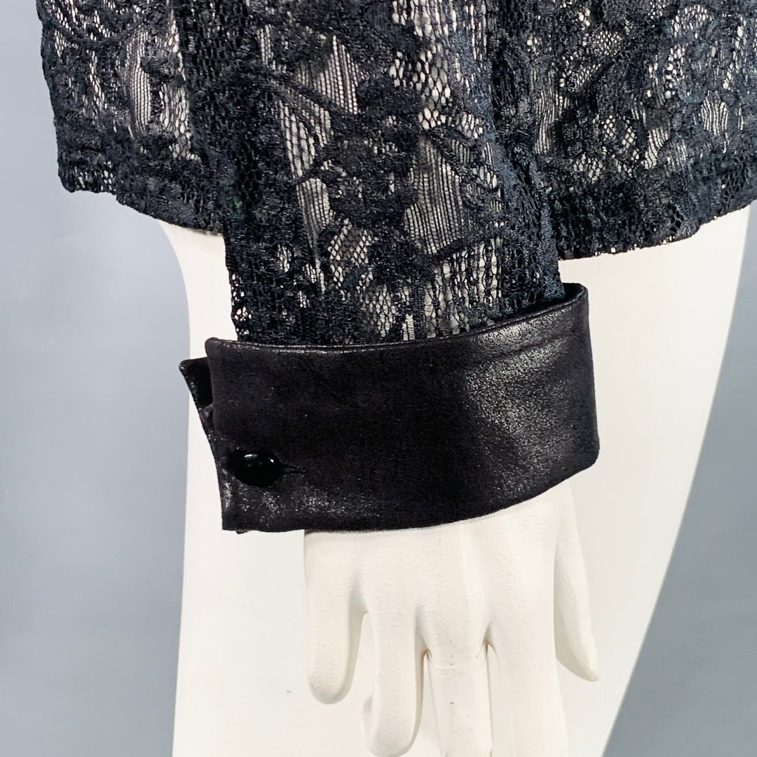 ANNE FONTAINE Size XL Carine Black Polyamide Blend Lace Faux Leather Contrast Trim Blouse