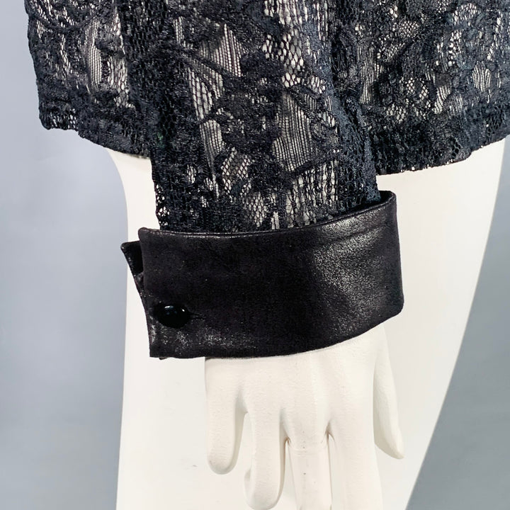 ANNE FONTAINE Size XL Carine Black Polyamide Blend Lace Faux Leather Contrast Trim Blouse