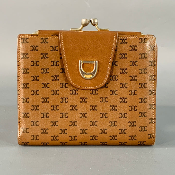CELINE Vintage Brown Tan Logo Leather Kiss Lock Coin Purse Wallet