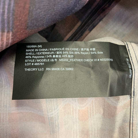THEORY Size M Navy Brown Plaid Silk Blend Short Sleeve Shirt