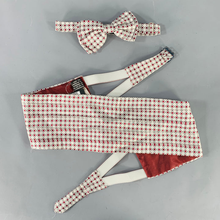 GIANNI VERSACE Silver Burgundy Squares Silk Bow Tie Cummerbund Set