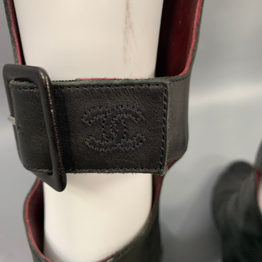 CHANEL Size 6.5 Black Leather Knee High Buckles Boots