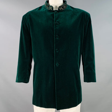 FAVOURBROOK Size 48 Green Velvet Cotton Embroidered Nehru Collar Sport Coat
