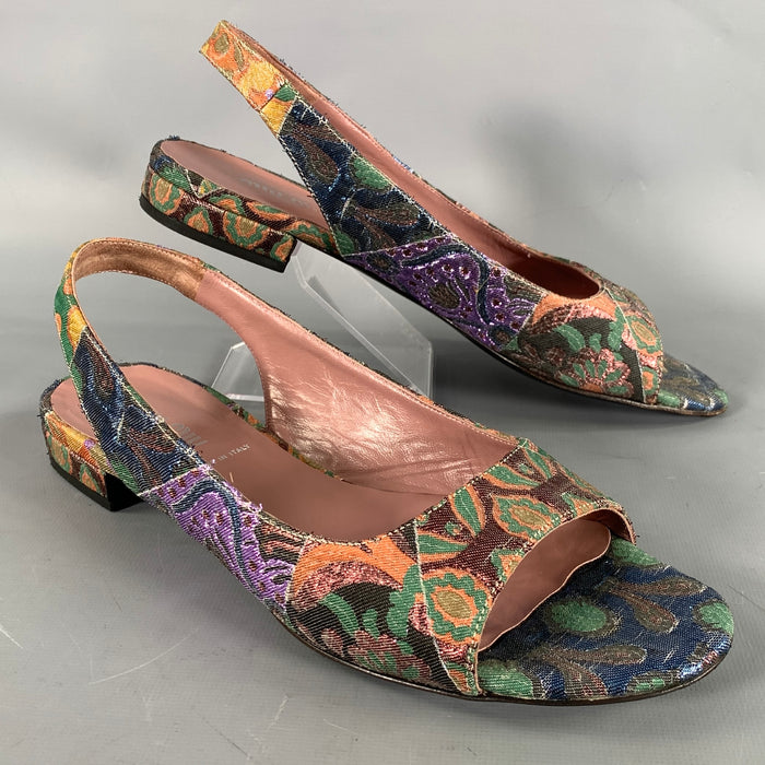 MIU MIU Size 8.5 Green Multi-Color Jacquard Slingback Sandals