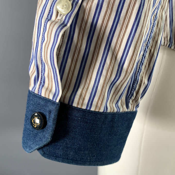 JUST CAVALLI Size M White Blue Brown Stripe Cotton Long Sleeve Shirt