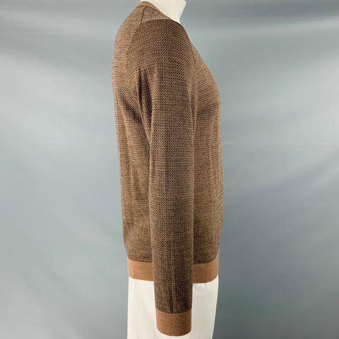 FENDI Taille L Pull à col rond en laine monogramme marron beige