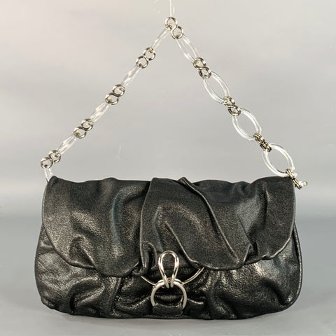 DONNA KARAN Black Silver Leather Shoulder Handbag