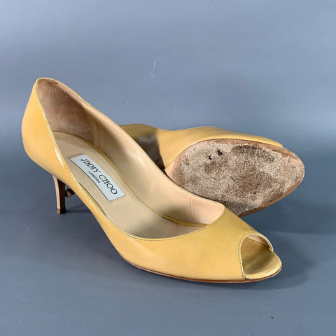 JIMMY CHOO Size 8 Tan Patent Leather Peep Toe Pumps