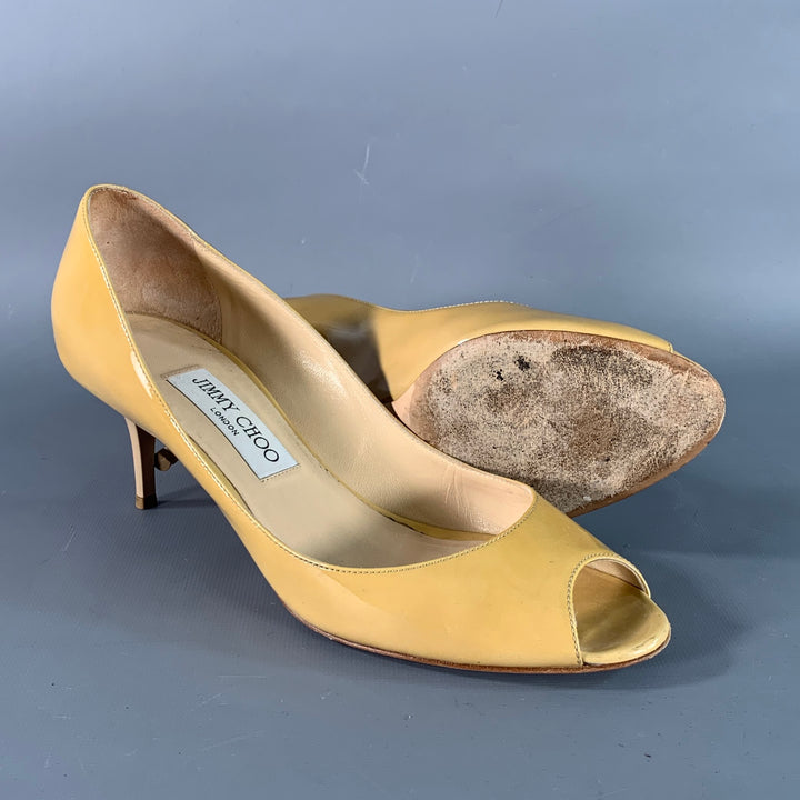 JIMMY CHOO Size 8 Tan Patent Leather Peep Toe Pumps