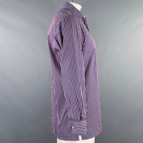 CHARVET Size L Navy Red Stripe Cotton Spread Collar Long Sleeve Shirt