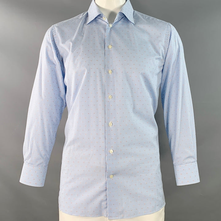 ETON Size L Blue White Orange Gingham Cotton Curved Cutaway Long Sleeve Shirt