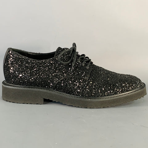 GIUSEPPE ZANOTTI Size 8 Black Glitter Leather Derby Lace-Up Shoes