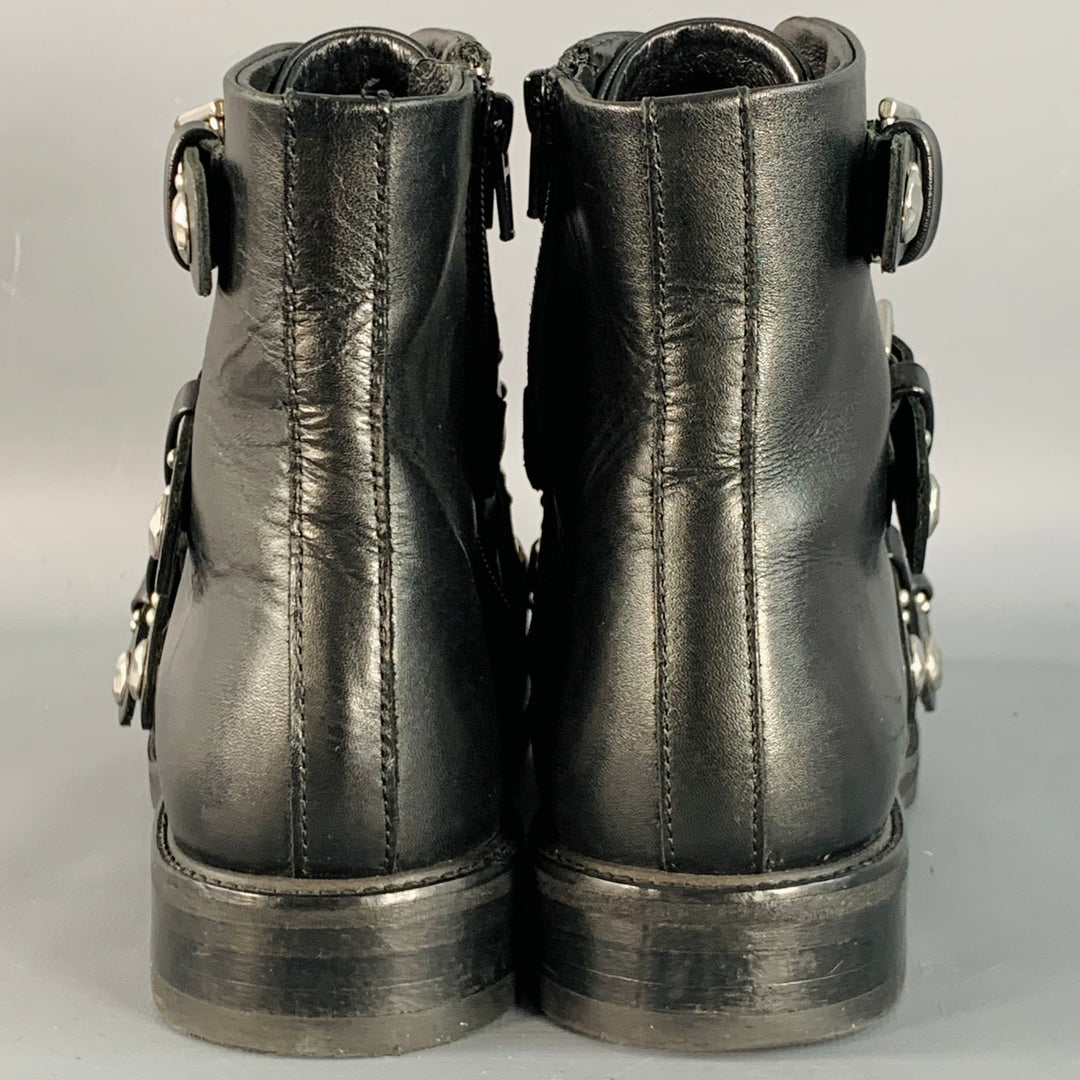 MAJE Size 9 Black Leather Studded Belted Side Zipper Military Ankle Boots
