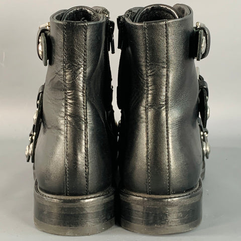 MAJE Size 9 Black Leather Studded Belted Side Zipper Military Ankle Boots