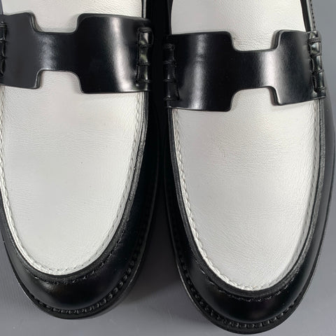 HERMES Size 7 Kennedy Black White Leather Color Block Penny Loafers Flats