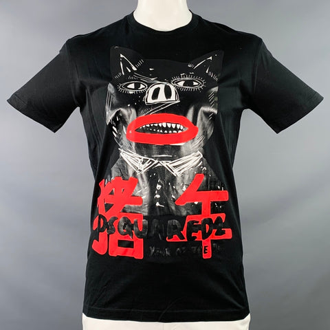 DSQUARED2 Size L Year of the Pig Black Red Print Cotton Crew Neck T-shirt