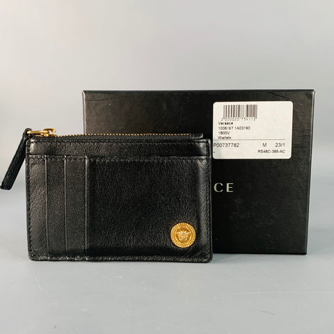 VERSACE One Size Black Gold Leather Card Case Wallet