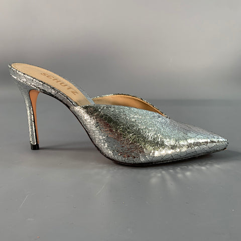 SCHUTZ Size 6.5 Silver Leather Wrinkled Mules Pumps