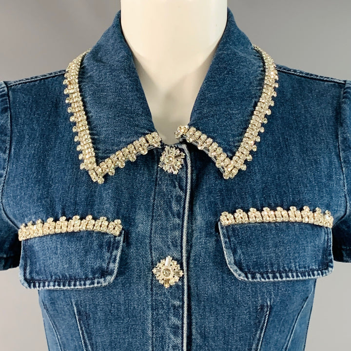 SELF-PORTRAIT Size 4 Blue Silver Denim Twill Rhinestone Trim Mini Dress