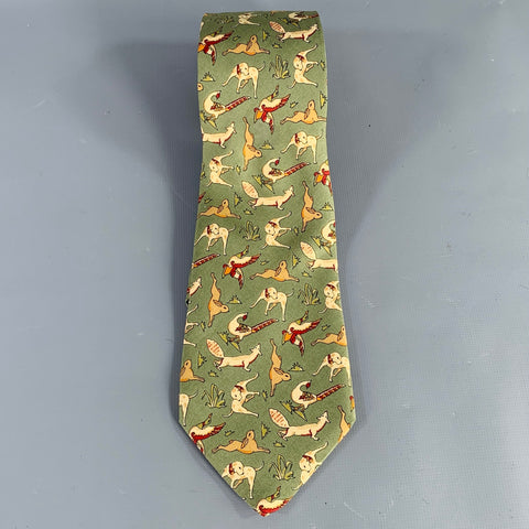 SALVATORE FERRAGAMO Green Taupe Woodland Animals Silk Tie