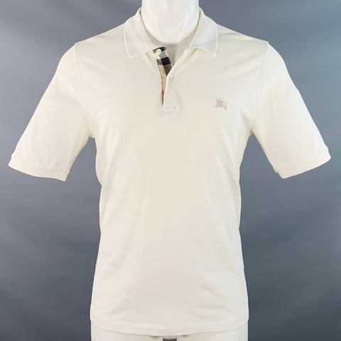 BURBERRY LONDON Size S Cream Cotton Plaid Trim Classic Fit Half Placket Polo