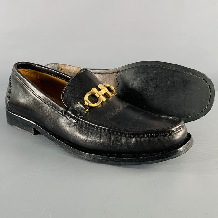 SALVATORE FERRAGAMO Size 8.5 Black Gold Loafers