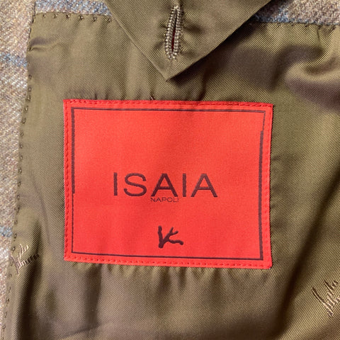 ISAIA Size 46 Brown Blue Grey Plaid Cashmere Notch Lapel Sport Coat
