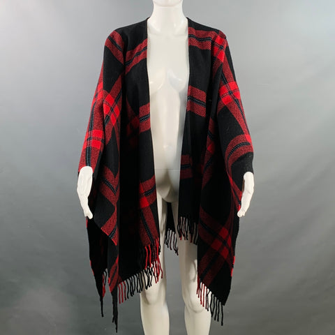 THE KOOPLES One Size Red Black Plaid Wool Open Front Fringe Shawl