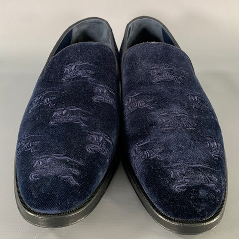 BURBERRY Size 9.5 Navy Monogram Velvet Slip On Loafers