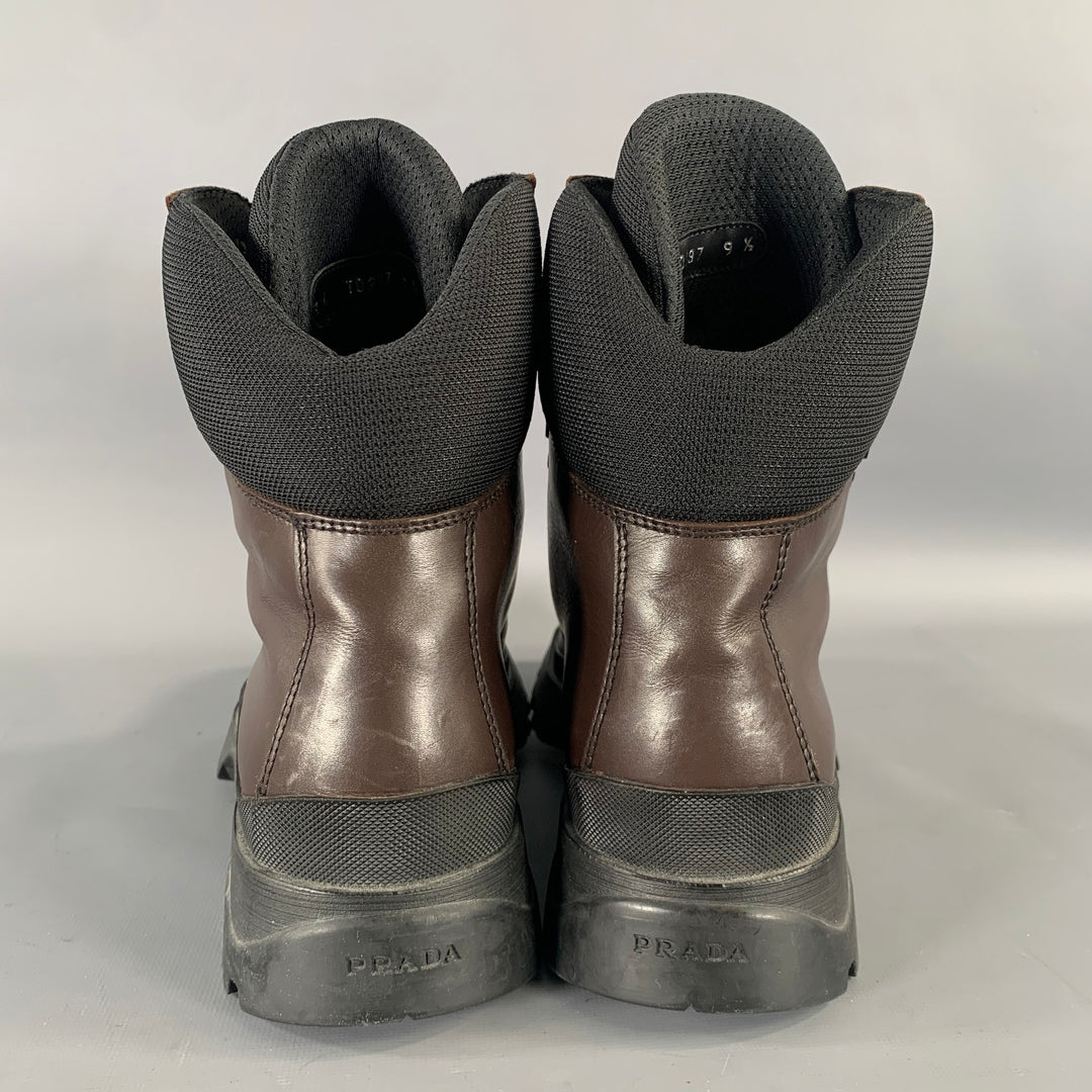 PRADA Size 10.5 Brown Black Leather Ankle Boots