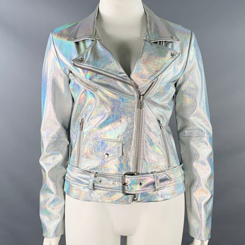 VEDA Size L Silver Iridescent Faux Leather Belted Motorcycle Jacket