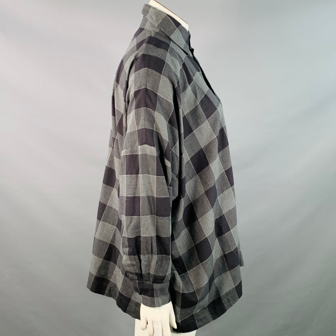 ESKANDAR Size L Black Charcoal Cotton Oversized Checkered Point Collar Shirt