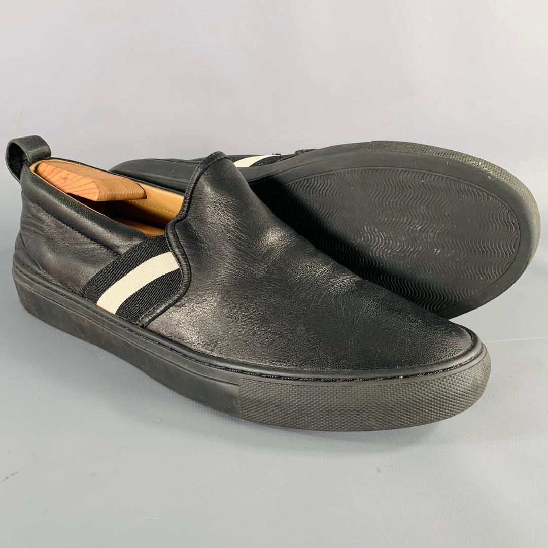 BALLY Size 9.5 Black White Stripe Leather Slip On Loafers