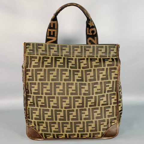 FENDI Brown Beige Monogram Nylon Foldable Tote Handbag
