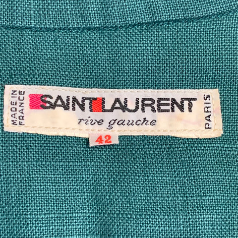 YVES SAINT LAURENT Vintage Size 6 Green Linen Button Up Pleated Shirt Dress